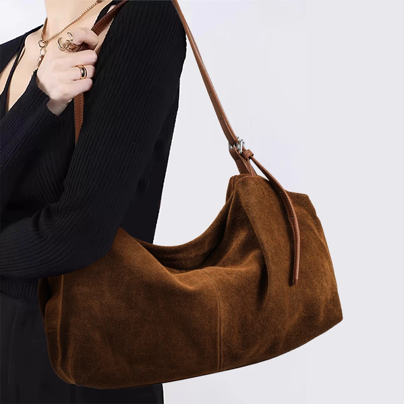 

Genuine cowhide leather women's single-shoulder suede large-capacity retro pillow bag handbag