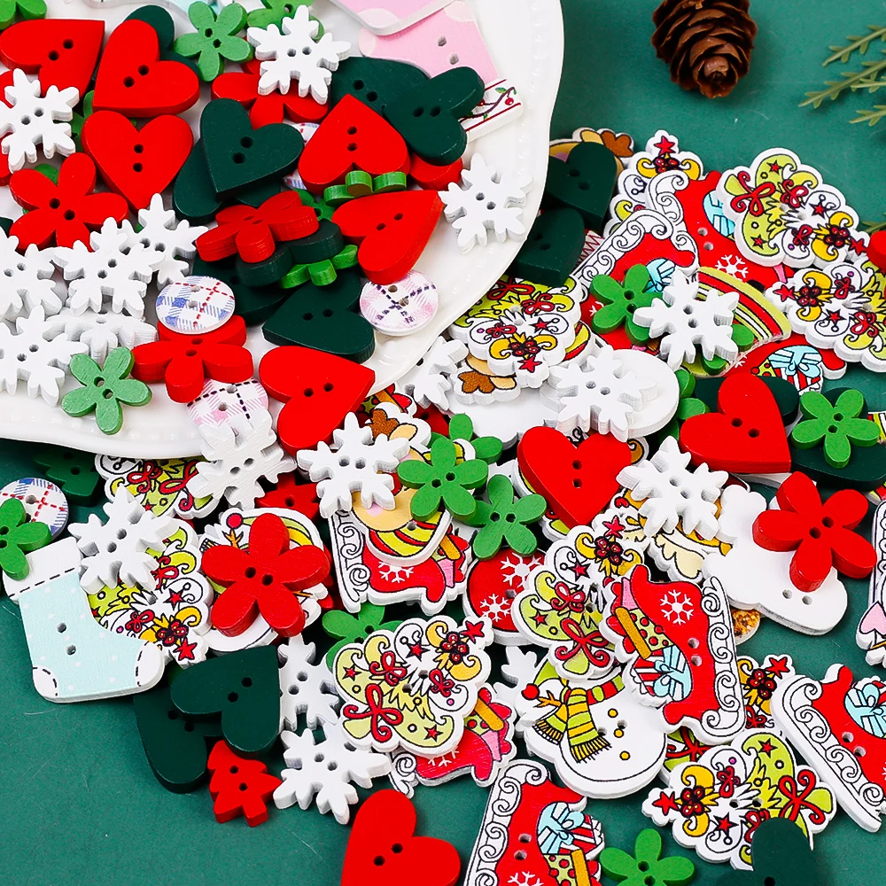 100/50Pcs Christmas Wooden Buttons Mini Xmas Tree Snowflake Sewing Buttons For Home Xmas Holiday Scrapbook Clothes Accessories