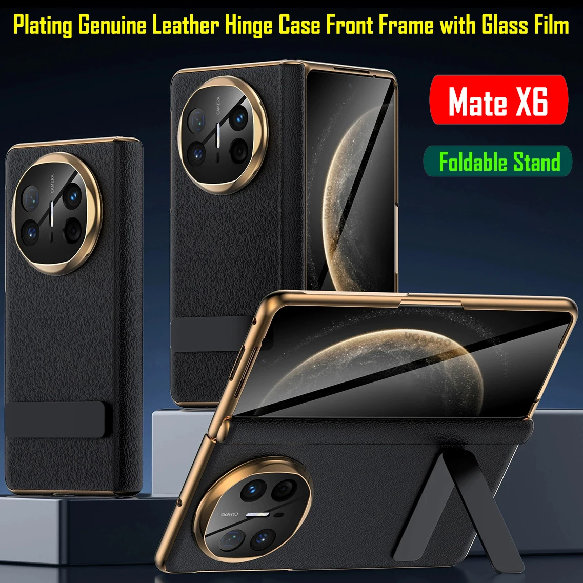 

Kickstand Funda for Huawei Mate X6 Case for Huawei Mate X6 5G Plating Genuine Leather Hinge Case + Front Frame with Glass Film