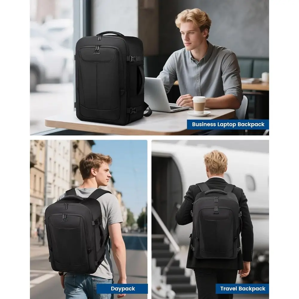 Mochila de viagem masculina 40L, aprovada para bagagem, 3 cubos de embalagem, cabe em laptop 17,3, resistente à água, preta