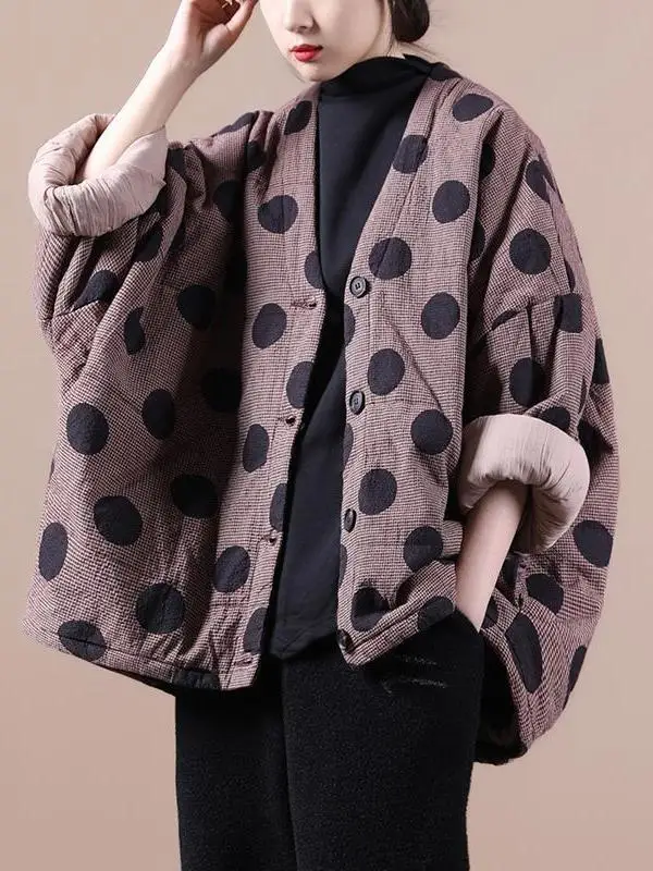 Plus Size Dames Katoen Jaet Thiened V-Ne ort Bovenkleding Retro Polka Dot Print Loose Fit Herfst Winter Faionable