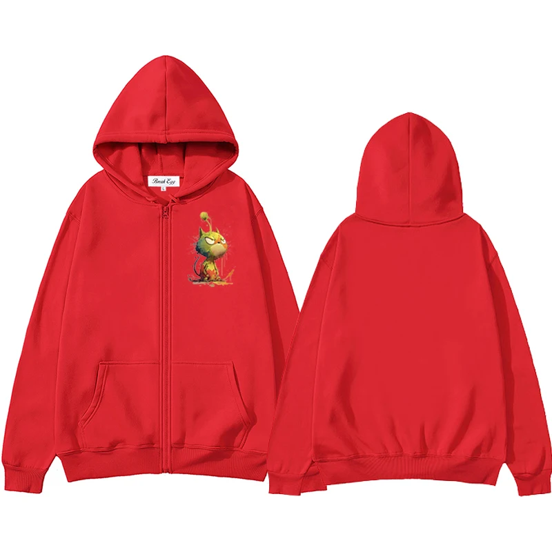 

Angry Cat Cute Colorful Printing Men Women Zipper Hoodie Cool Cute Polyester Pocket Loose Thin Autumn Sweater