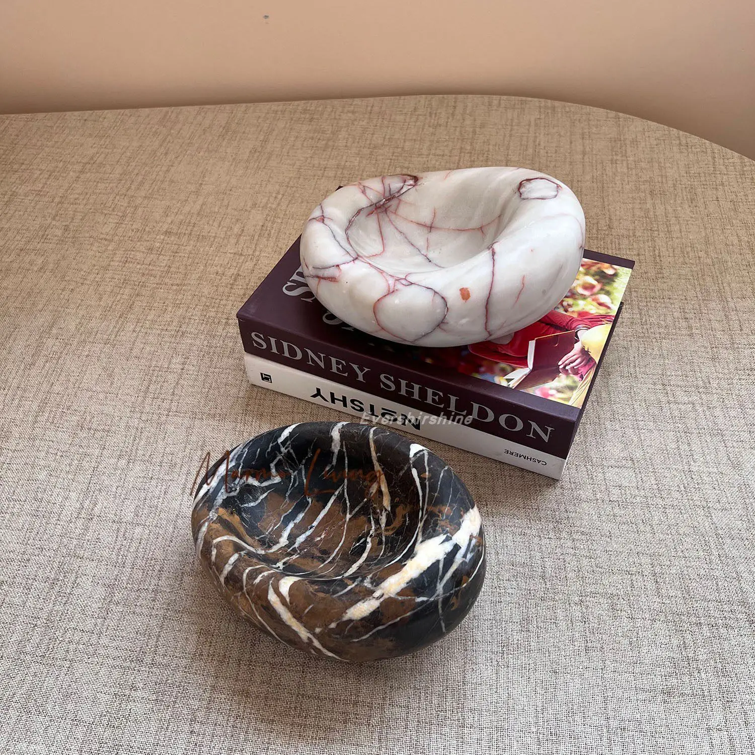 

European Luxury Natural Marble Decorative Jellybean Bowl Vintage Nest Jewelry Tray High-end Art Ornament