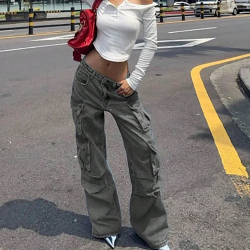 Jeans da donna in stile retrò europeo e americano, pantaloni a gamba dritta dimagranti a vita alta dalla vestibilità ampia, pantaloni da lavoro, pantaloni con tasche, s
