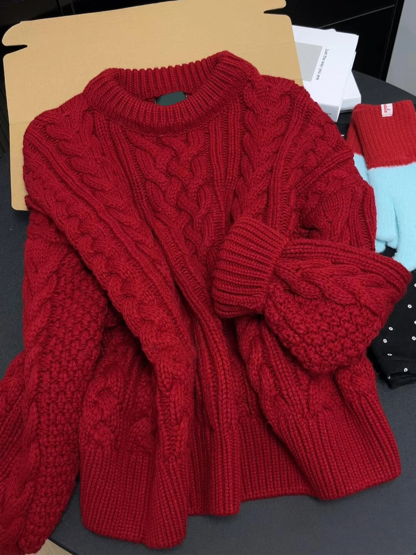 

Red Thiened Knitted Sweater Women's Loose round Ne Pullover Cisas New Year's Faionable Lazy Sle Autumn Winter Out...
