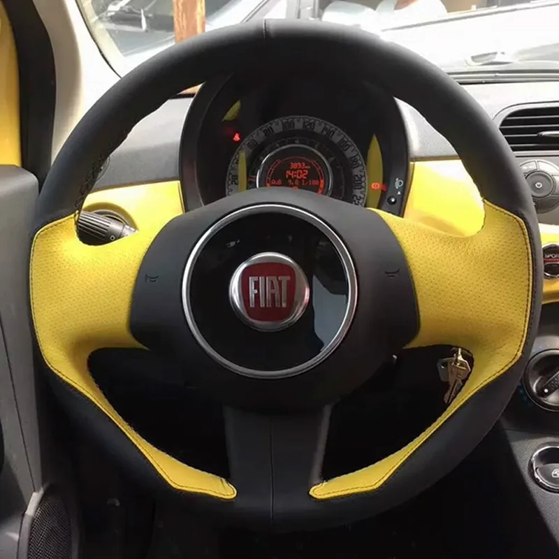 for fiat 500 2009 2010 2011 2012 Full Coverage Sports style Steering Wheel Cover Braid yellow leather Interior