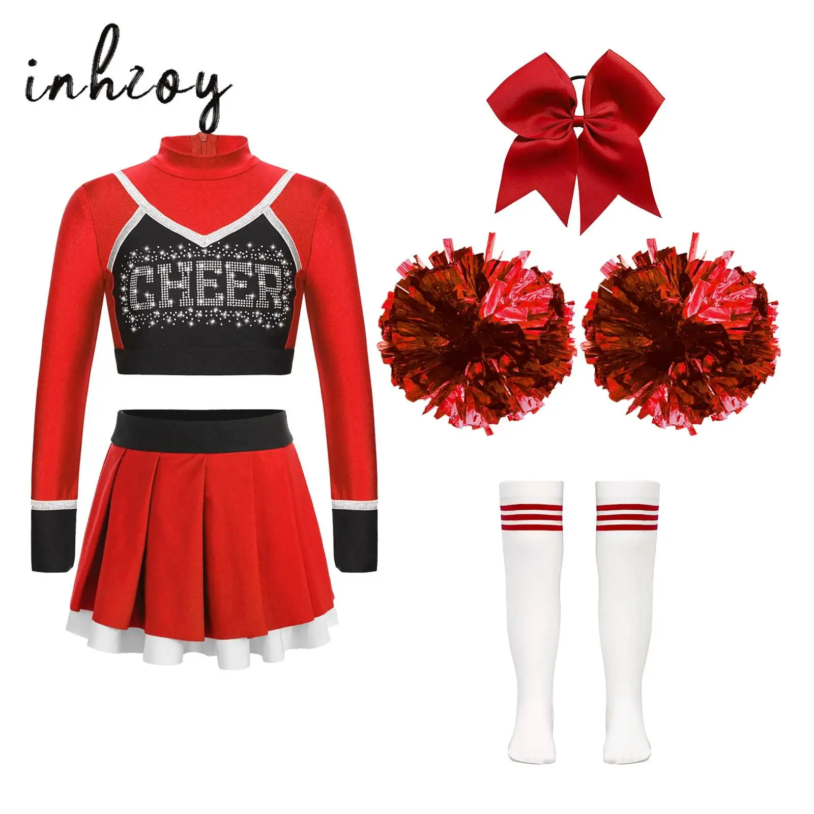 Girls Cheerleading Uniforms Costumes Schoolgirls Cheer Dance Outfit Glittery Rhinestones Crop Top with Pleated Mini Skirt Set