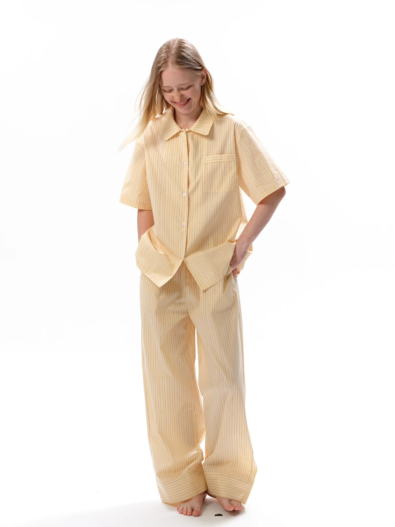 FORRETRO Pure Cotton Sleepwear Short Sleeve Long Pants Spring Summer Autumn Unisex Home Clothes Outdoor Wearable Striped Yellow
