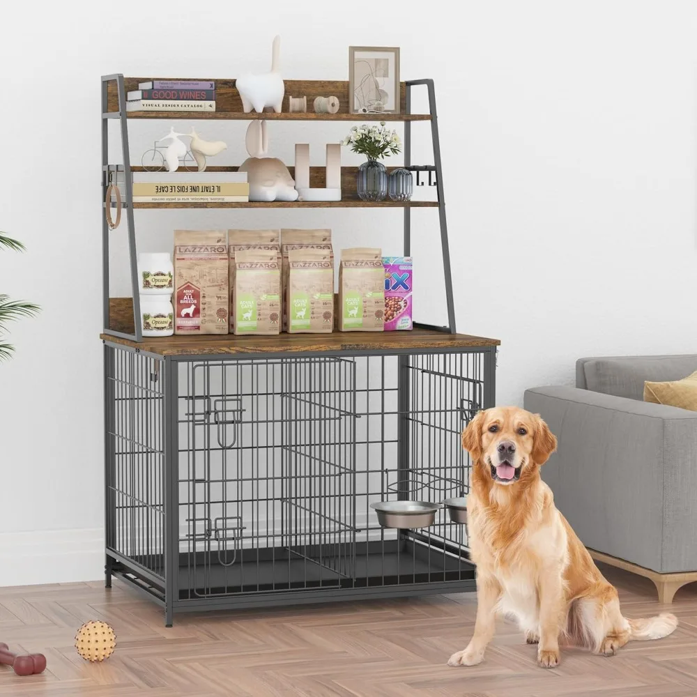 

57.1" Tall Brown Dog Crate Furniture with 3-Layer Storage Shelves, Double Doors Indoor Dog Kennel with 2 Stainless Steel Bowls,