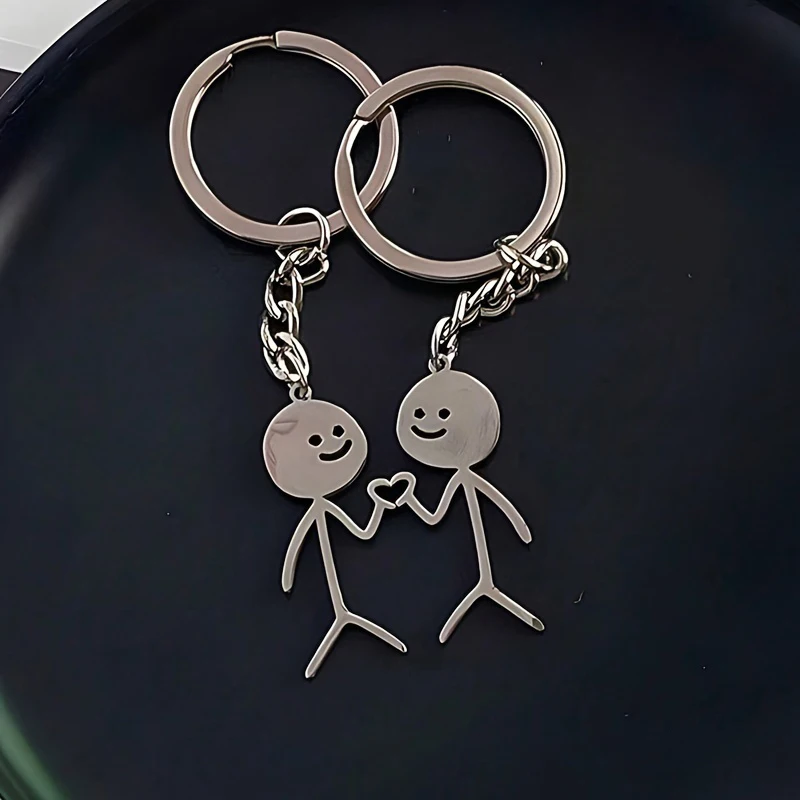 2pcs Creative Hand Heart Stickman Keychain Funny Metal Key Ring For Men WomenBag Car Key Pendant Keyring Accessories Xmas Gifts