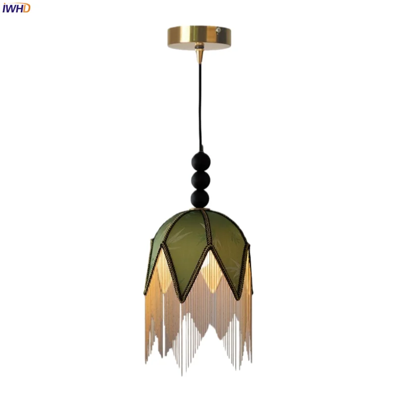 

IWHD Mid Century Modern LED Hanging Lamps Bedroom Living Dining Room Wood Green Cloth Tassel Pendant Light Decoration Luminaria