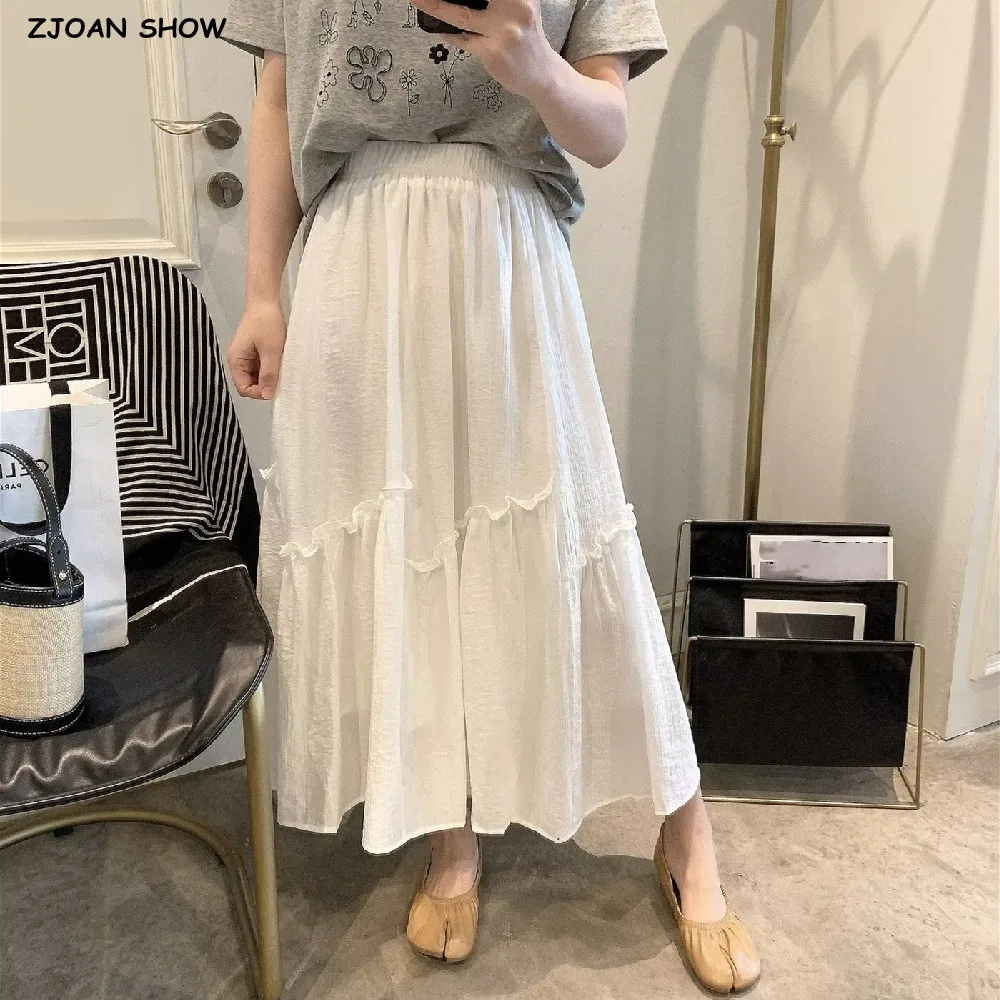 2024 Holiday Plain Color Spliced Wood ears Ankle Length Long Skirt Women Ruched Swing A-lined Skirts Boho White Blue apricot