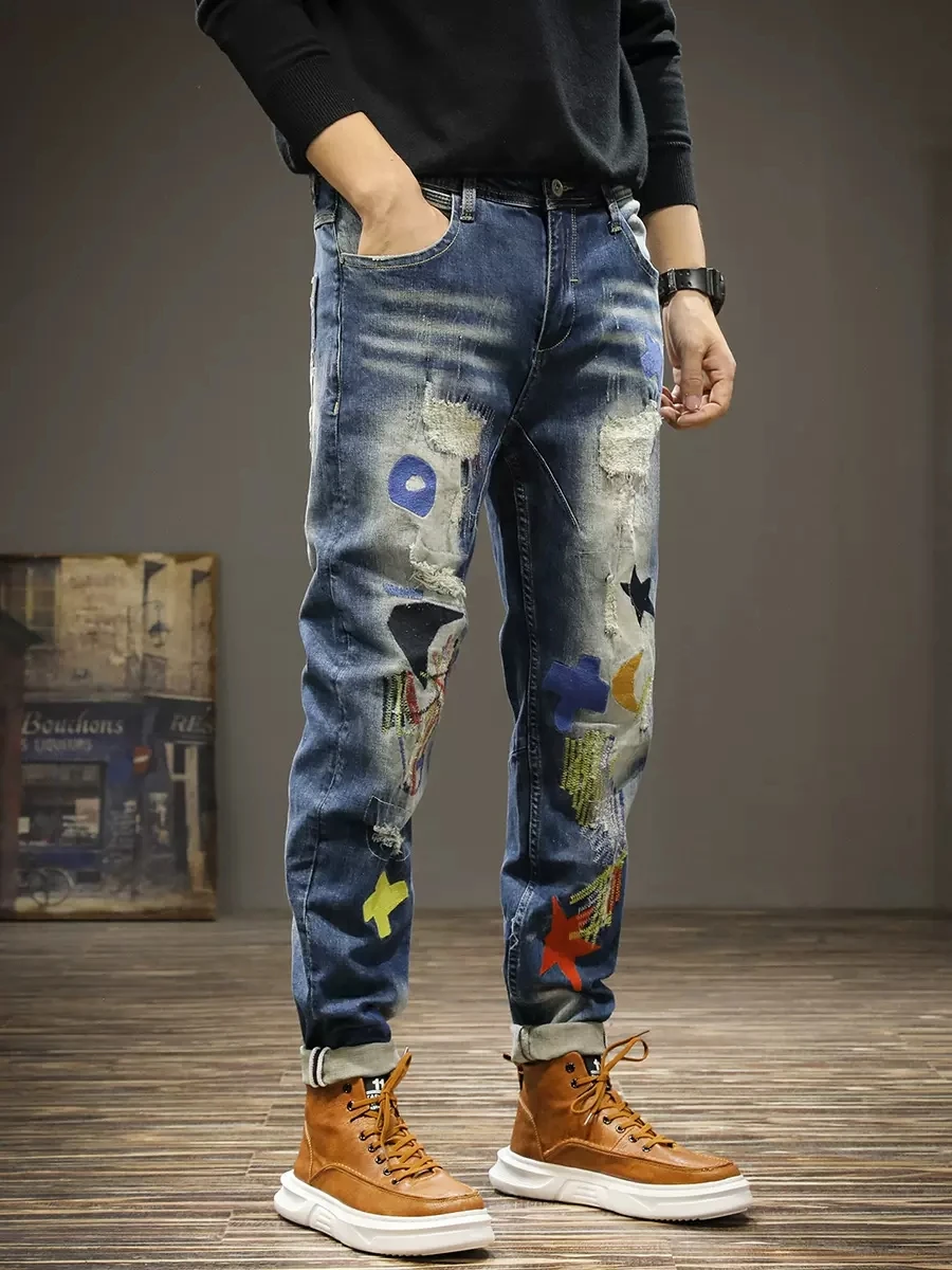 Streetwear Fashion Men Jeans Retro Blue Stretch Slim Fit Embroidery Ripped Jeans Men Patch Designer Hip Hop Denim Pants Hombre