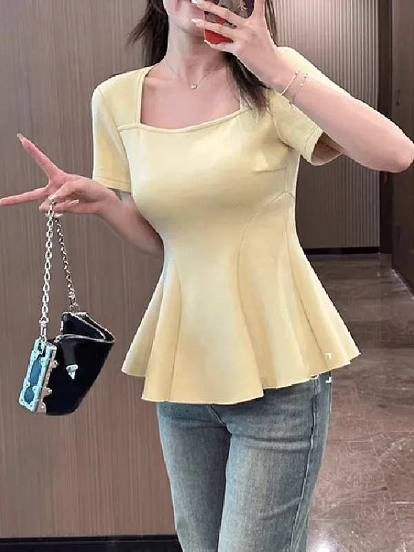 plus Size 300 Pounds Pure Desire Spicy Girl Square Collar Short Sleeve T-Shirt Women Summer Fat MM Belly Cover Slim Fish Tail...