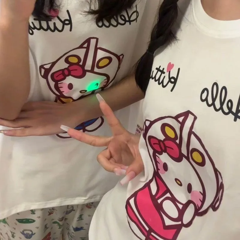 Hello Kitty Short-sleeved Kawaii Cartoon Funny Tees T-shirt Women Men Summer Loose Couple Top Will Light Up When Tapped Clothing