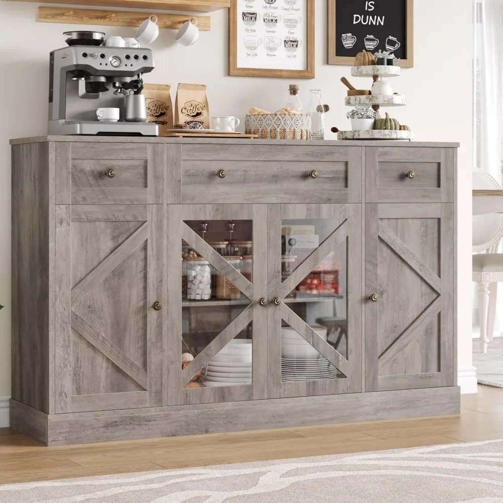 Buffet Sideboard 55" Large Storage Cabinet 4 Doors and 3 Drawers, Farmhouse Wooden Coffee Bar Space-Saved Cupboard Furniture fo