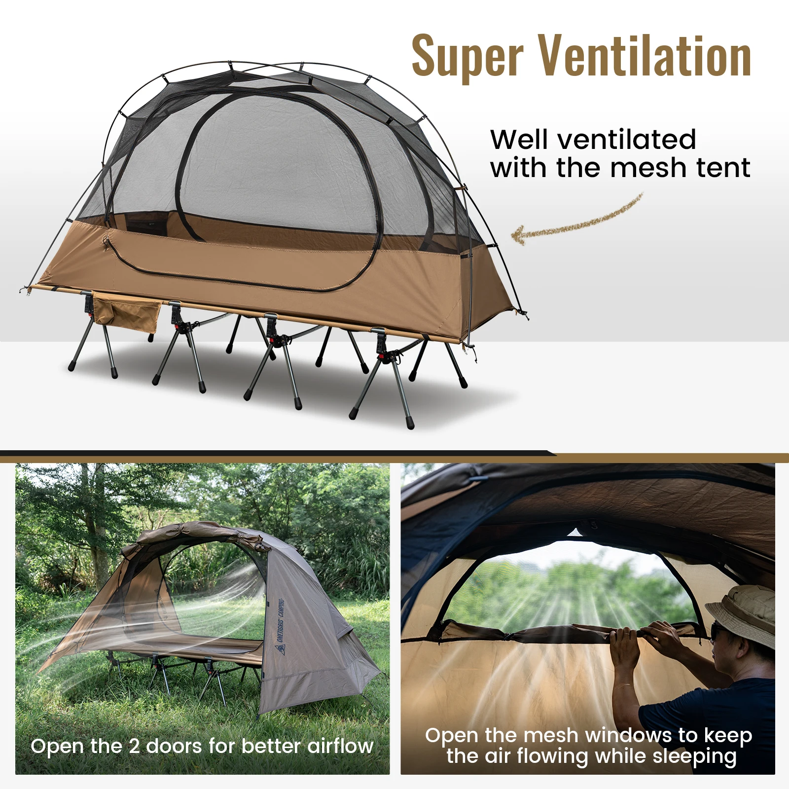 ONETIGRIS NIGHTWATCH Camping-Feldbett-Zelt 1-Personen-Netz-Innenzelt Übergroßes Feldbett-Kombi für Rucksackreisen, Auto-Trekking und Bushcraft – Detail 6