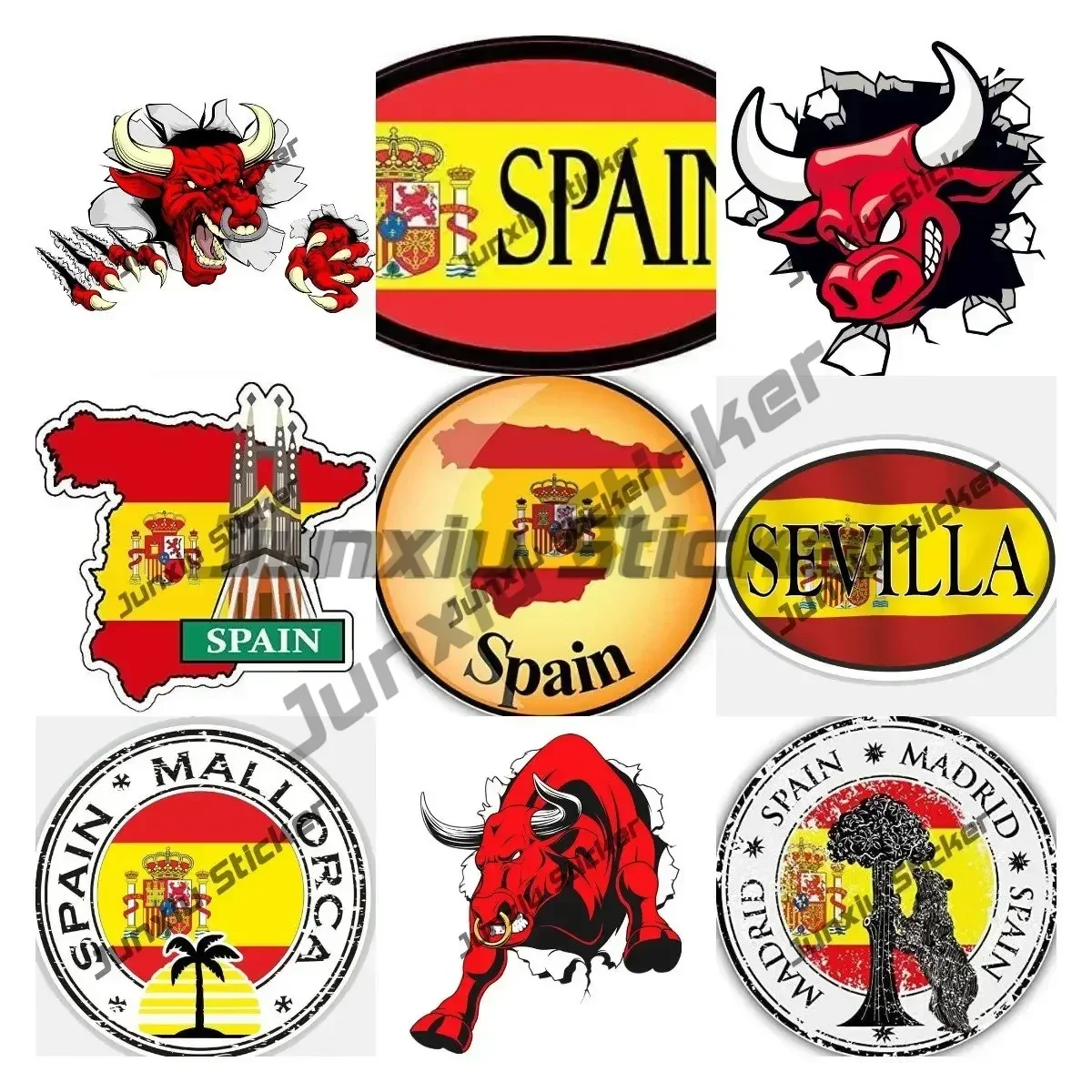 

Spain Madrid Mallorca Barcelona Catalunya Seal Round Flag Stickers Spanish Angry Bulls Reflective Spain Vinyl Decal Travel