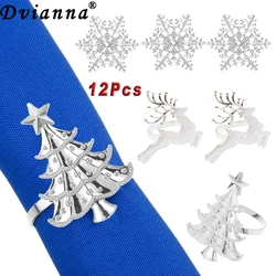 Prata Natal Guardanapo Anéis Set, Snowflake Guardanapo Titular, Xmas Tree Serviette Anel, Decoração Do Casamento, Strass, 12Pcs