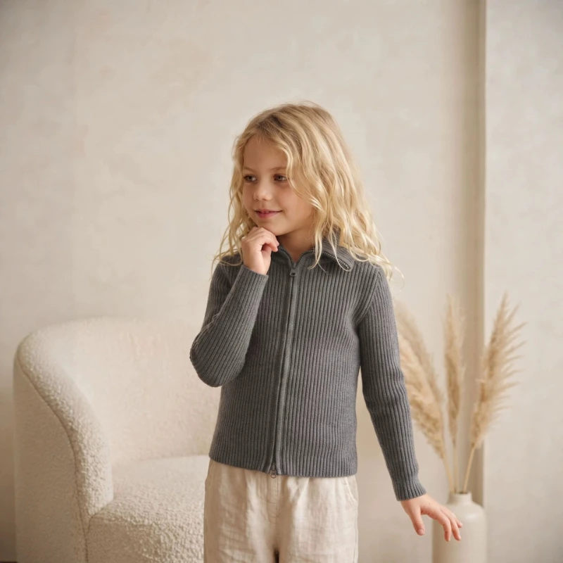 2026 Children's Collar Full Zipper Pit Strip Elastic Slimming Solid Color Simple Soft Sticky Sweater