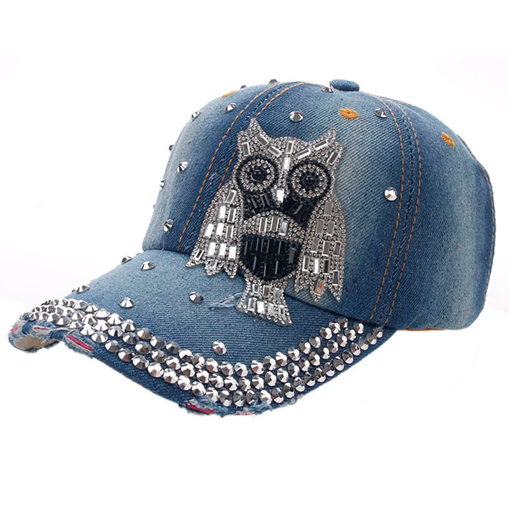 New Women Men Fashion Owl Denim Rhinestone Punk Baseball Cap Hip Hop Flat Hat Unisex Golf Demin Hat Party 2024