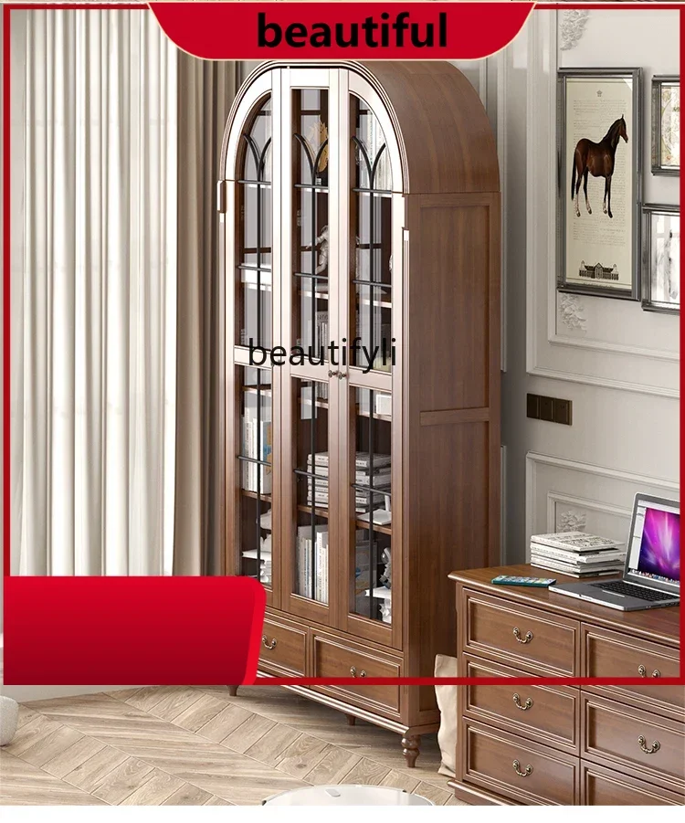 

American arched walnut bookcase glass wine cabinet H