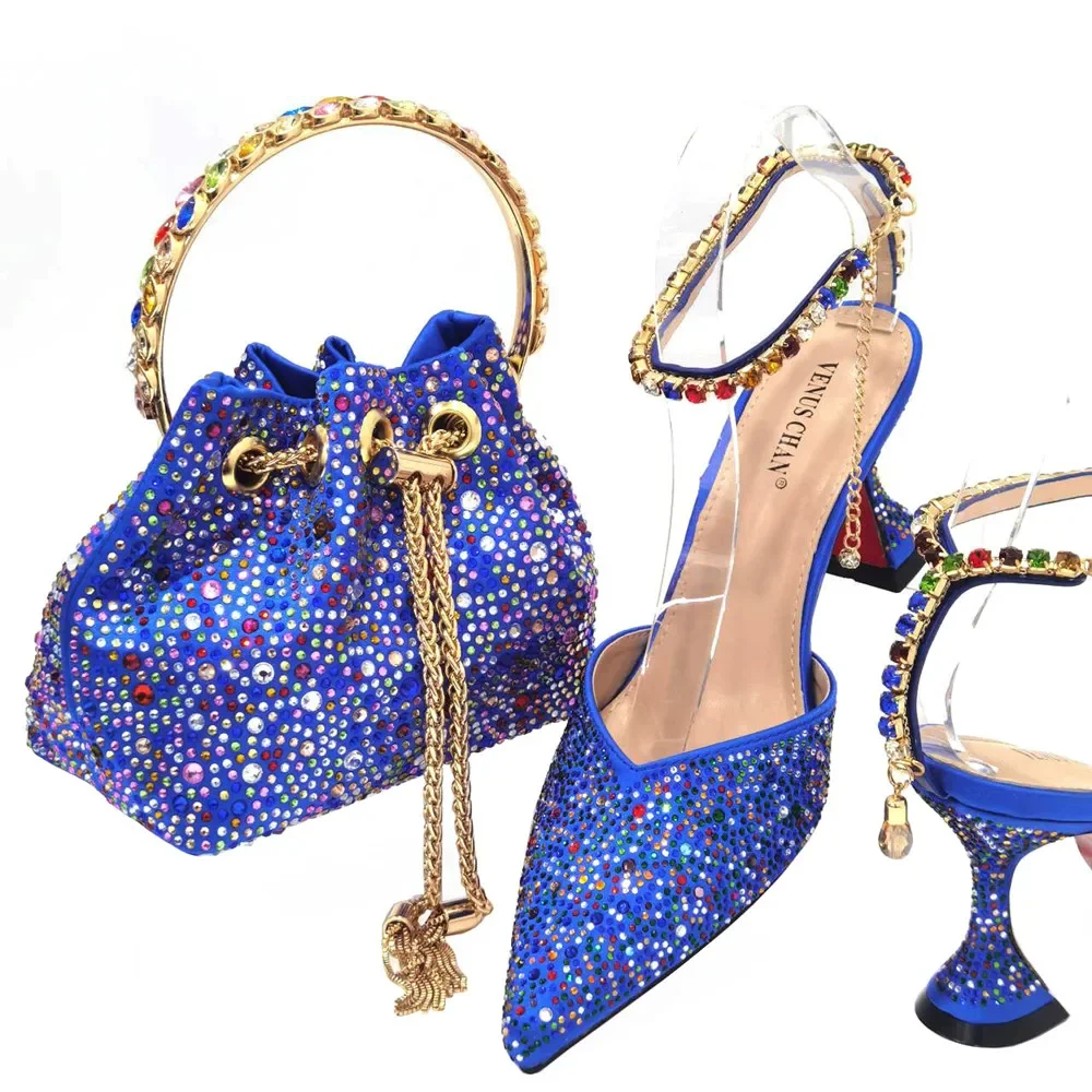 Sandals Woman Summer 2025 Spot Goods Italian Design Girly Style Shoes And Bag, Full Diamond Decoration Metal Closure Bags