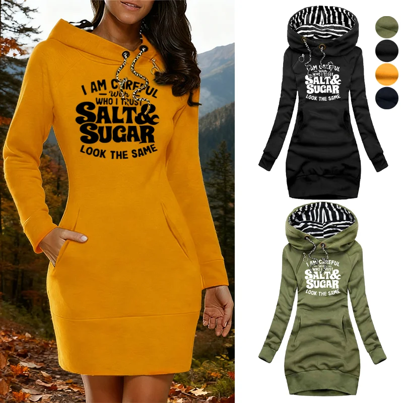 أنا نذر محذر من أن أثق بالملح والسكر تبدو نفس الطباعة للخريف والشتاء فستان نسائي بقلنسوة