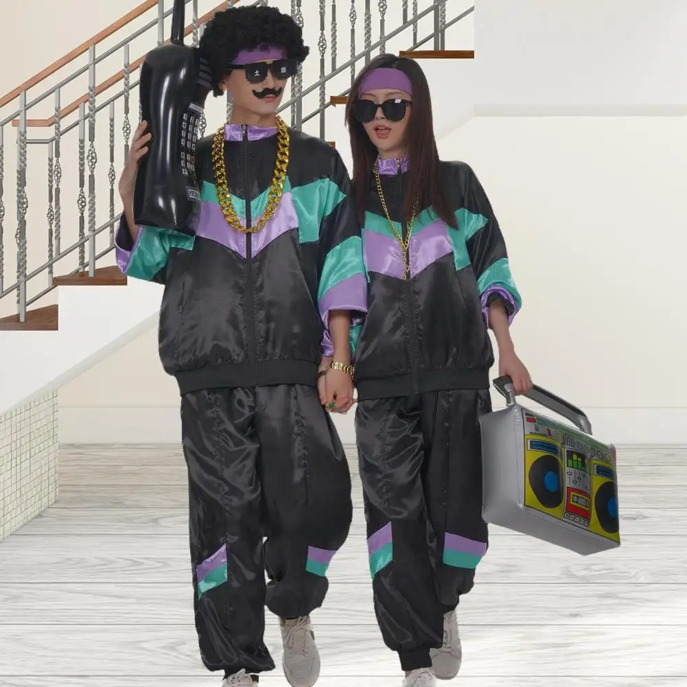 ريترو الهيب هوب ديسكو الزي 80s للجنسين طقم رياضي كتلة اللون سترة مرونة الخصر السراويل مجموعة ملابس رياضية كاجوال