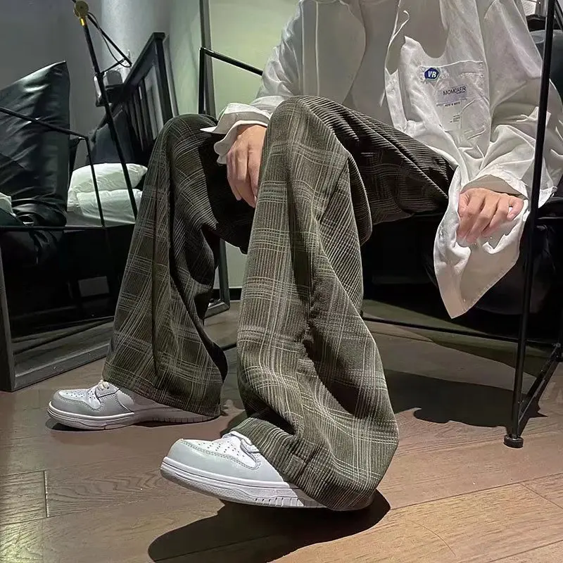 

Fall Large Size Men's Casual Pants High Waist Wide Leg Plaid Floor-Length Cold Tone Style Fashionable American Streetwear