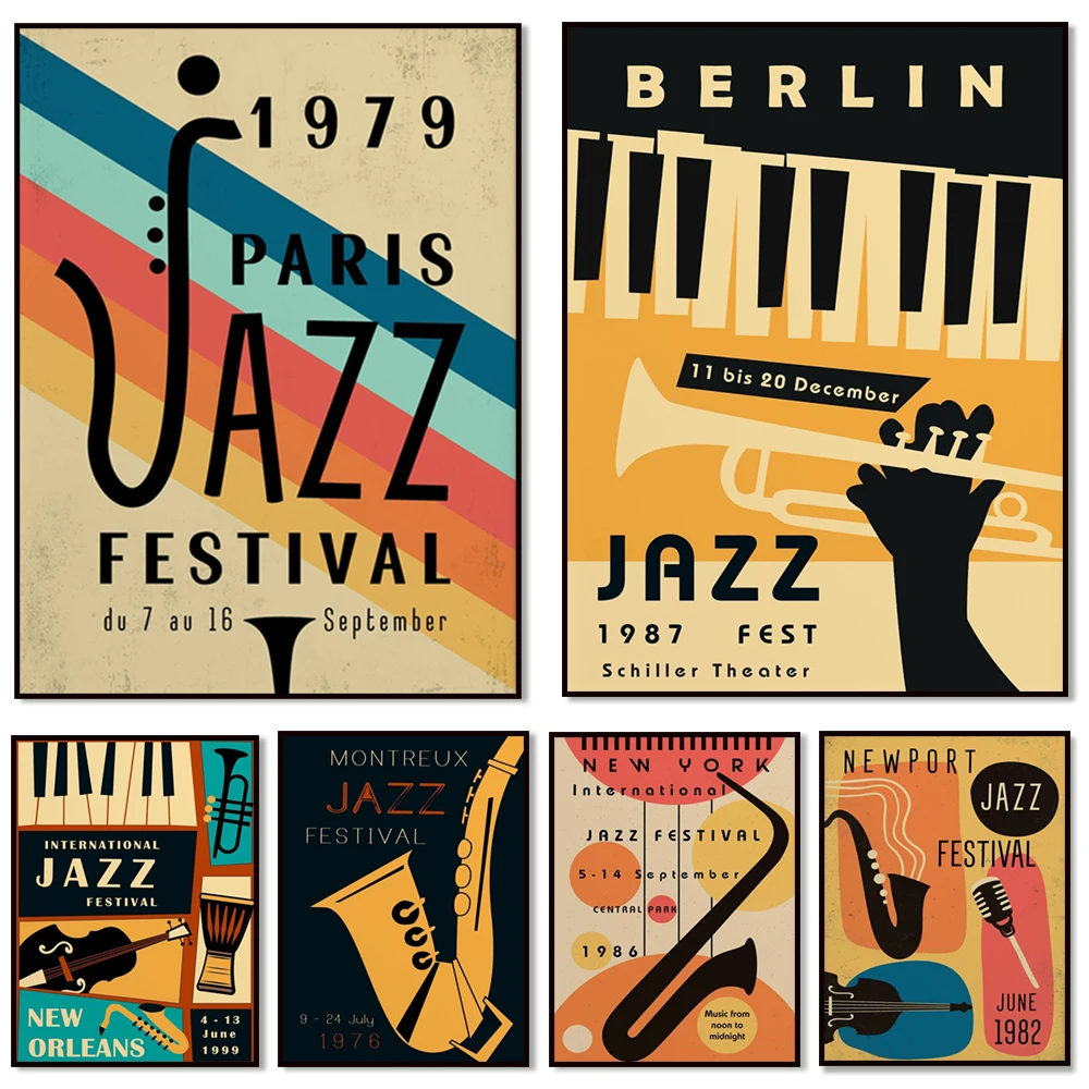 New York, Berlin, Newport, Paris, Montreux jazz festival poster, jazz festival, trumpet piano, saxophone, music colorful poster