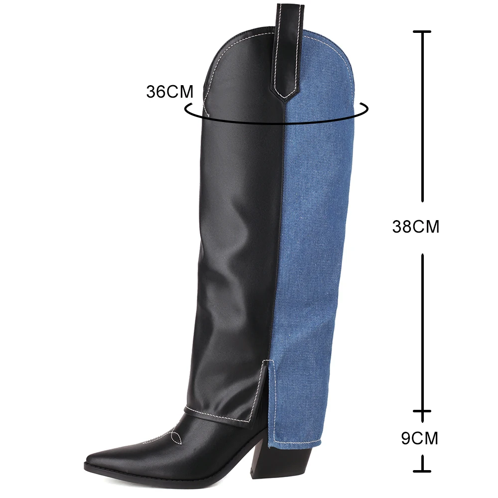 2023 Denim Stitching Women\'s Knee Boots Spring Embroidery Thigh High Boots Woman Pointed Toe Western Cowboy Long Boot Brand New