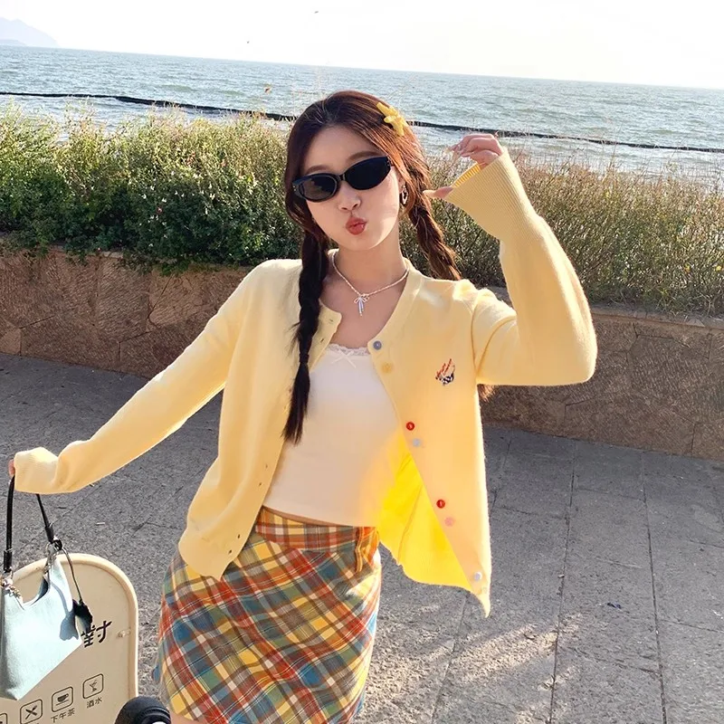 Korean Cute Puppy Sweet Women Chic Embroidery Loose Cardigan Autumn Winter Soft Elegant O-neck Sweaters Commute Basic Knit Tops