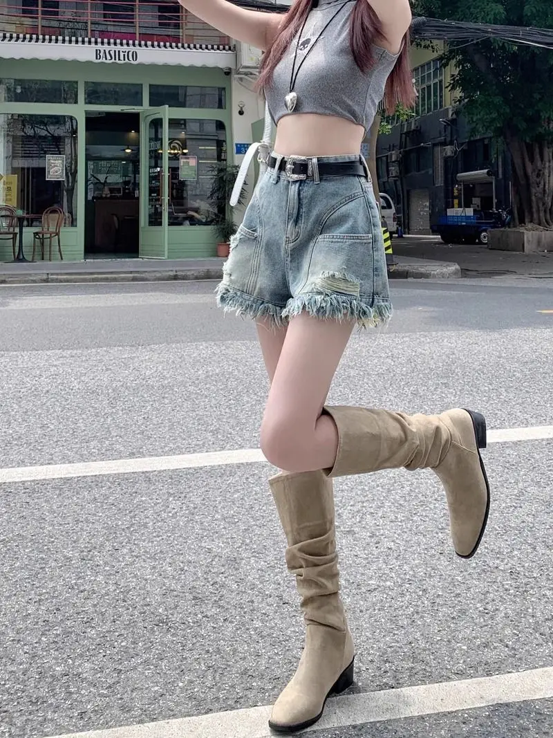 Women Vintage Tassels Denim Shorts Button Loose High Waist A-line Jean Shorts Casual Women Office Trousers Streetwear