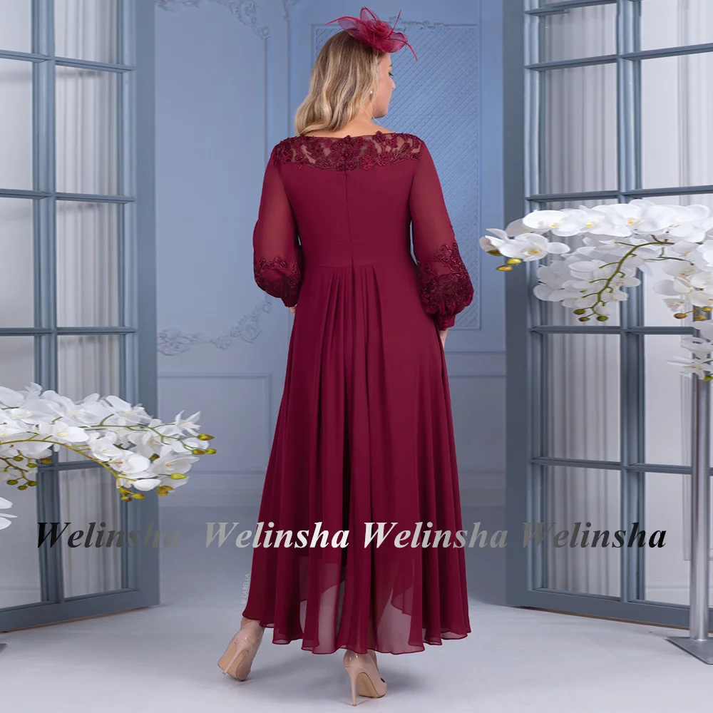 Burgundy Mother of The Bride Dress Puff Sleeves Scoop Neck Applique Draped Ankle Length Chiffon A Line Wedding Guest Gowns