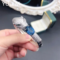 YULEM Luxury 925 Silver London Blue Topaz 10x12mm Leopard Bangles for Men Elegant Fashion Bangle Bracelet Luxury Fine Jewellery