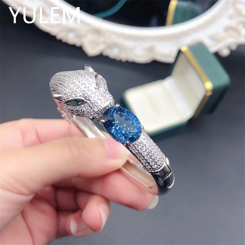 YULEM Luxury 925 Silver London Blue Topaz 10x12mm Leopard  Bangles for Men Elegant Fashion Bangle Bracelet Luxury Fine Jewellery