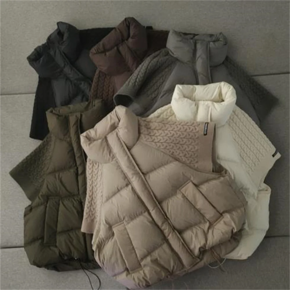 Down vest women's loose Twists knitting splicing thickened coat stand collar waistcoat
