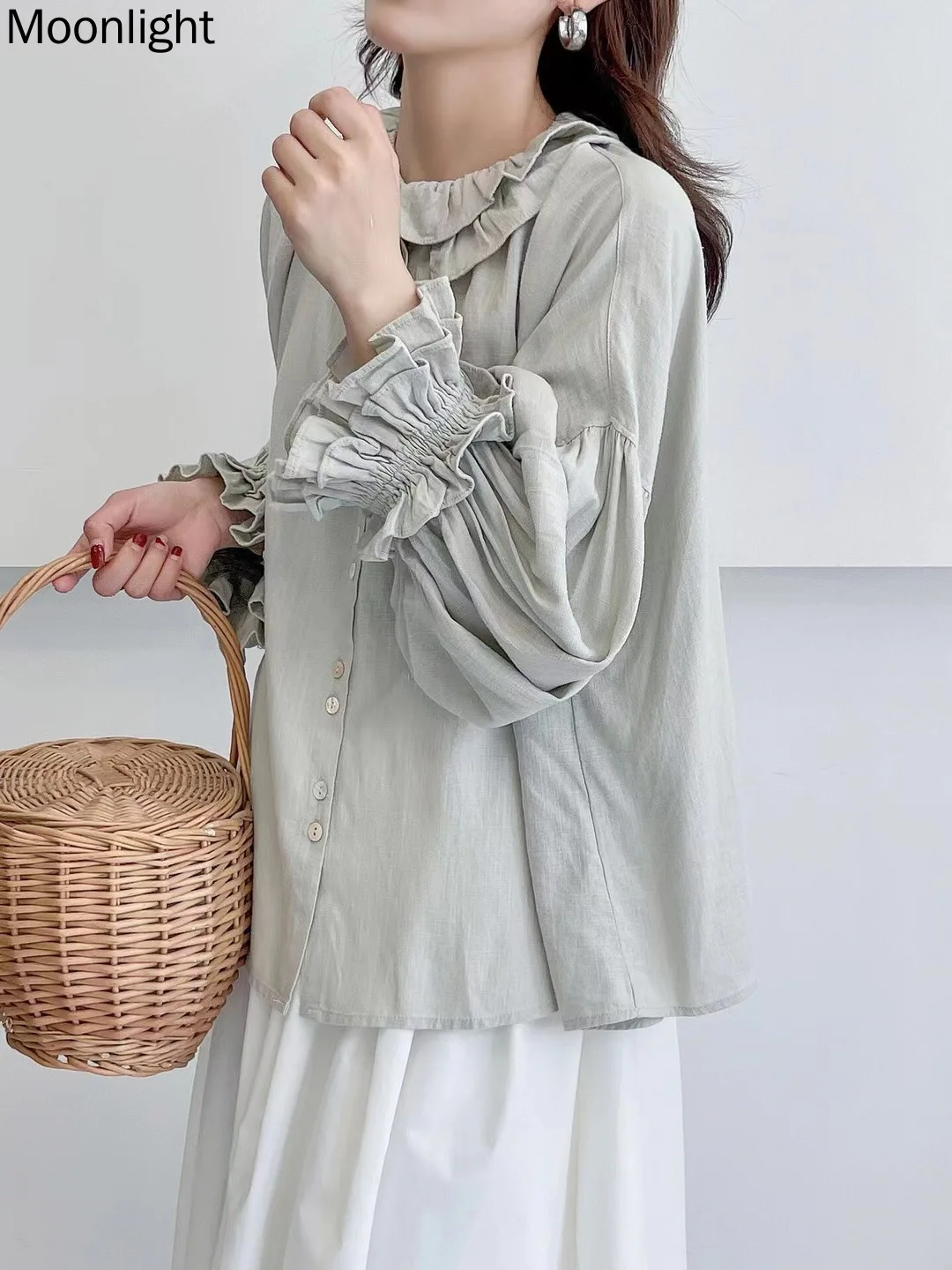 Retro French Chic Style Women Tops Sweet Mori Girl Doll Collar Cotton Linen Shirt Female Loose Wide Lantern Sleeve Female Blouse