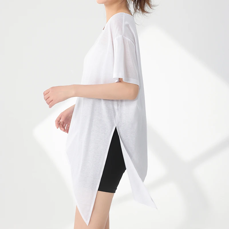 T-shirt Women 2025 Summer Loose Side Slit Lacing Design short sleeve Tee Woman O-Neck Cotton and Linen White T