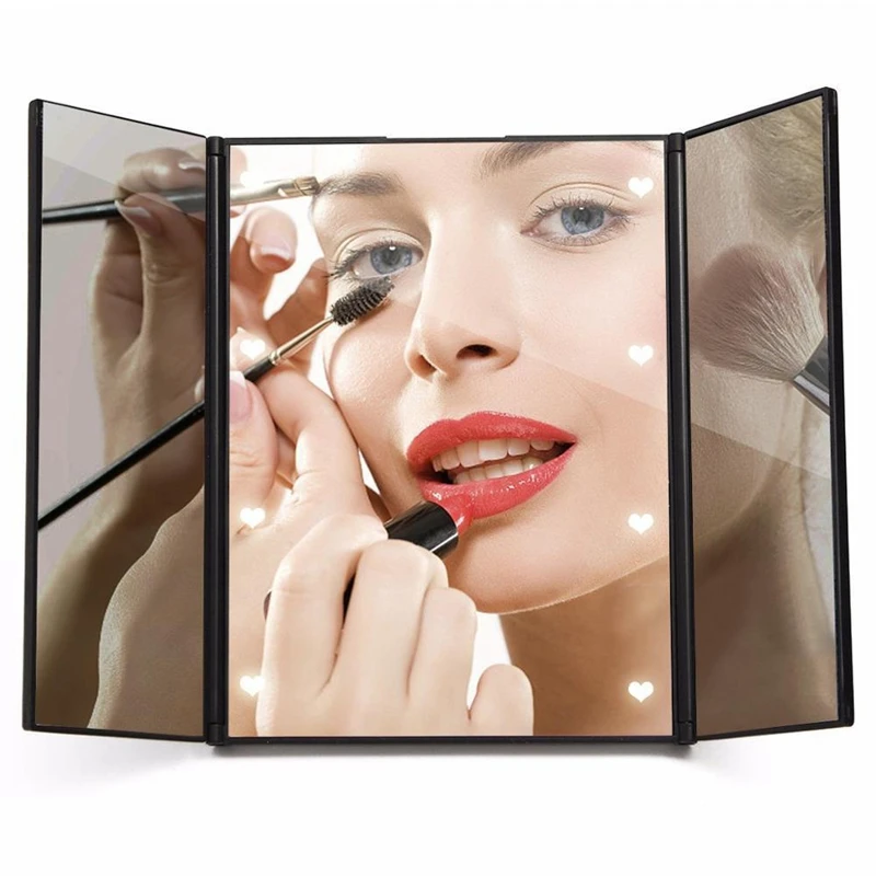 Tri-Sided Foldable Mirror LED Press Screen Makeup Mirror Cosmetic Tabletop Mirror For Women Beauty Makeup Tool
