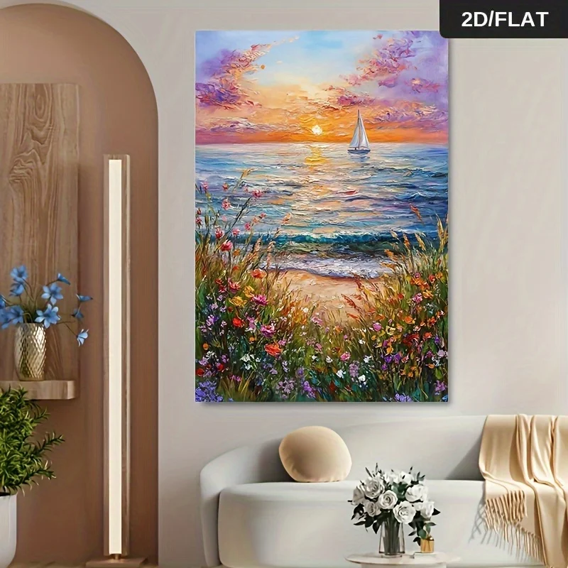 Frameless Seaside Canvas Art, Abstract Modern Sunset Sailboat Wall Decor,  Floral Beach Poster for Living Room Bedroom, Vibrant
