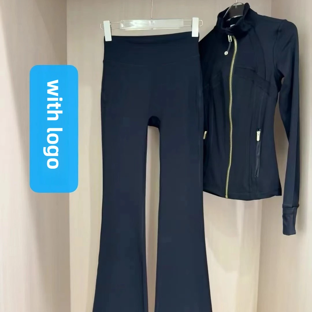 مجموعة LU الجديدة الملونة المكونة من قطعتين: سروال نسائي صغير واسع وسترة بياقة واقفة، بدلة رياضية عالية الخصر للتحكم في البطن