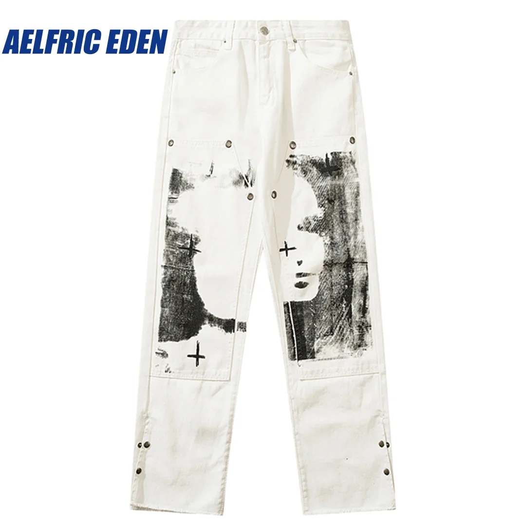 Aelfric Eden Ink Splash Jeans 2023 Y2K Casual Streetwear Baggy Jeans Hip Hop Men Fashion Loose Punk Jeans Pants Clothing White