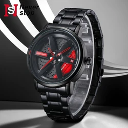 NS Car Watches For Men Waterproof Stainless Steel Quartz Wrist Watch Sports Men's Watches With Car Wheel Rim Hub Design