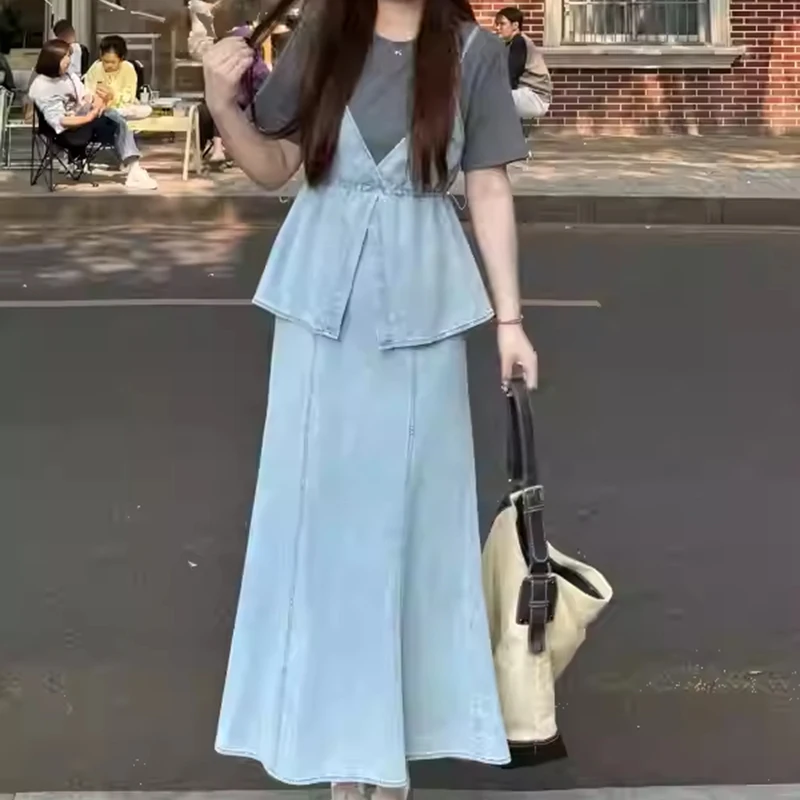 

Color Contrasting Splicing Fake Two Ppiece Denim Dress For Women Summer New Slim Fit Ankle-Length Cowboy Dresses Large Size
