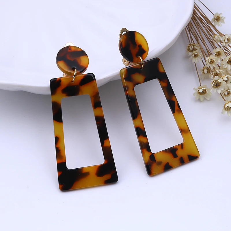 Fashion Tortoise Colorful Clip on Earrings Leopard Acrylic Long Geometric Square Circle Without Piercing Clips for Women