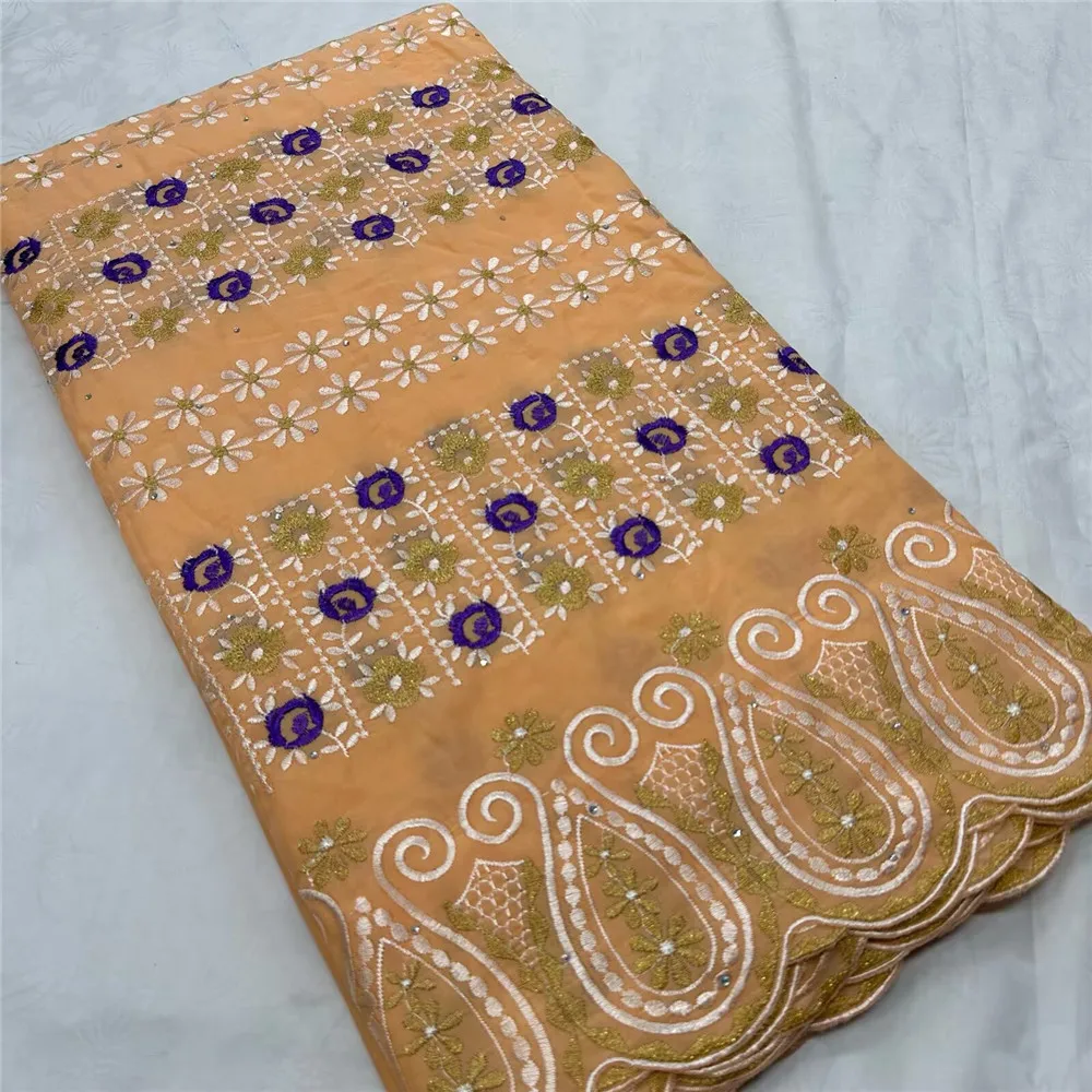 

Лидер продаж, 5 + 2 ярда, африканская 100% хлопковая кружевная ткань с вышивкой, высокое качество, швейцарская вуаль, кружево с камнями для шитья одежды 898