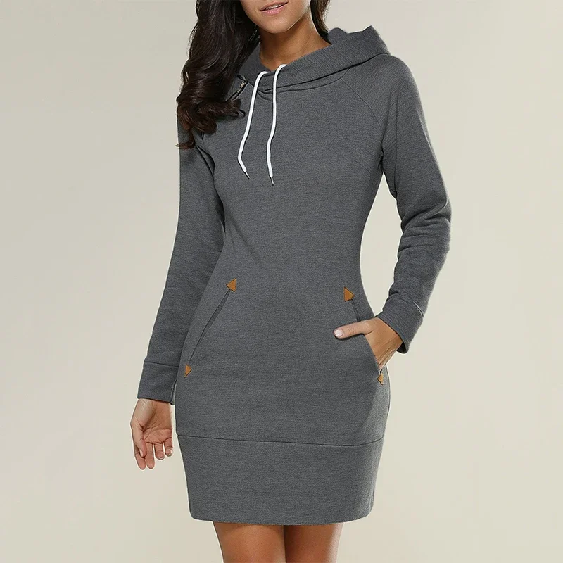 Women‘s Knee-Length Pockets Dress Hooded Warm Sweat Shirt Long Sleeve Side Zip Neckline Simple Casual Sports Skirt 2024