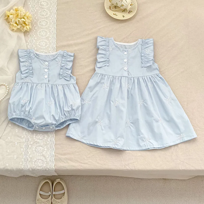 2025 New Summer Kids Princess Dresses Sleeveless Cotton Embroidery Infant Baby Romper Baby Girl Party Dress Sister Clothing